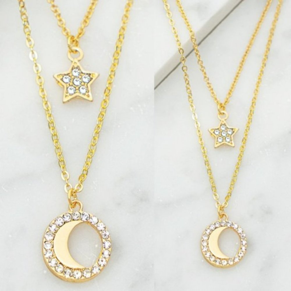NEW Gold Moon Star Pendant Double Dainty Necklace